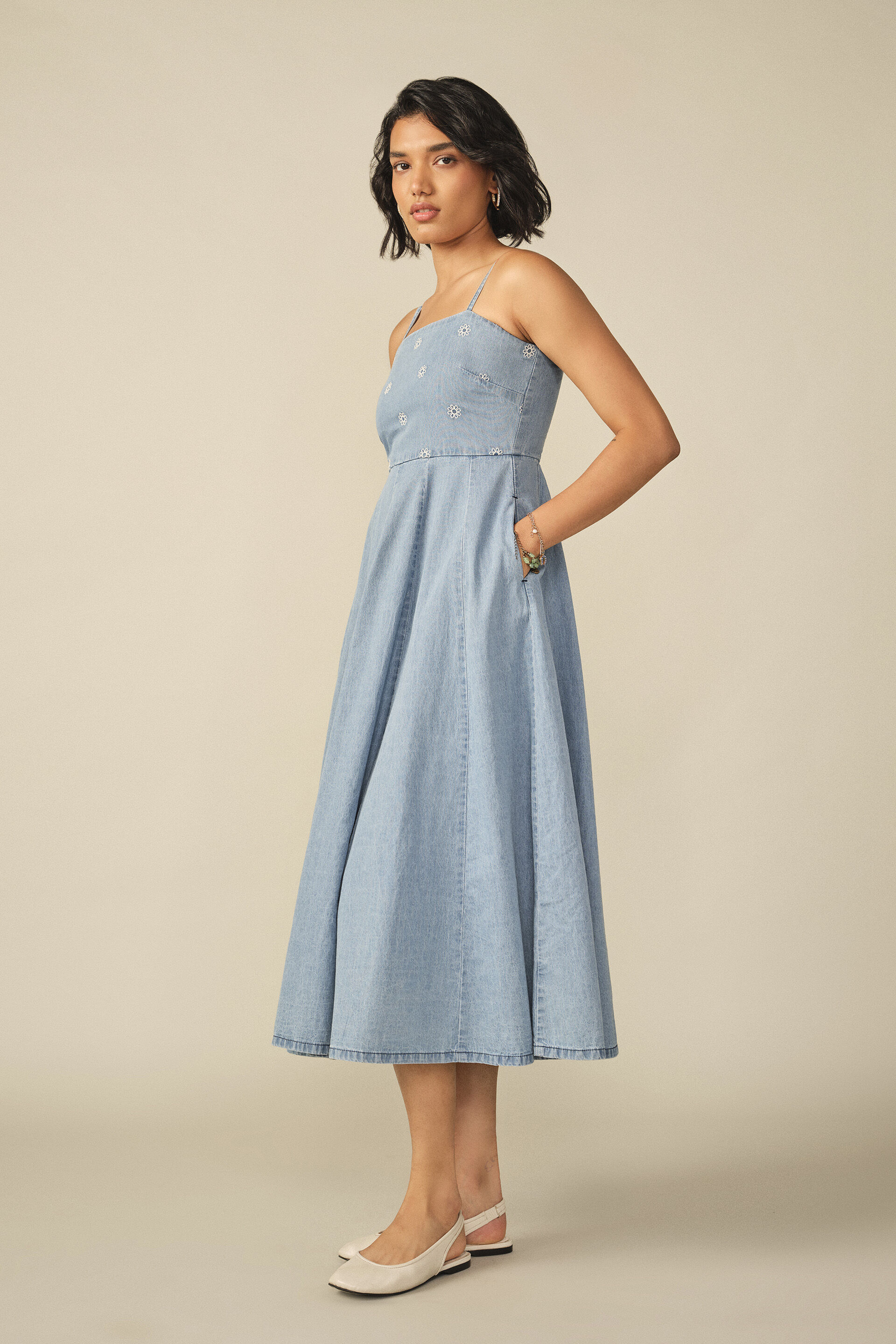 Fit & Flare Embroidered Dress in Light Blue, Light Blue, image 2